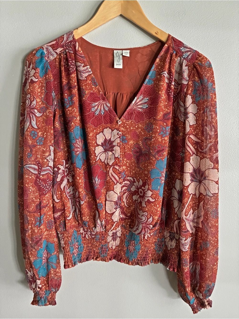 Joie Floral Smocked Boho Blouse Top Women’s Medium Rust Burgundy Long Sleeve